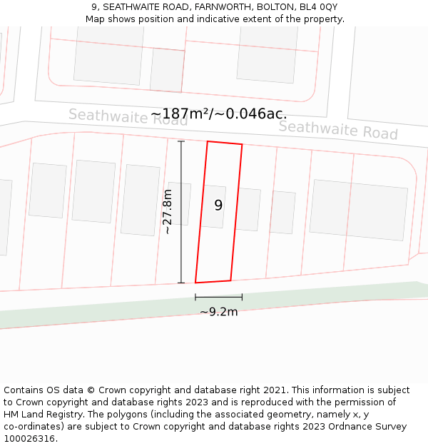 9, SEATHWAITE ROAD, FARNWORTH, BOLTON, BL4 0QY: Plot and title map