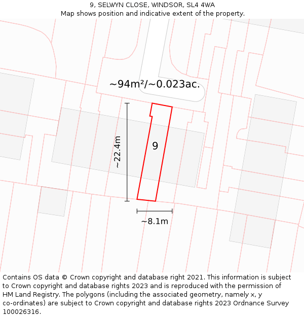 9, SELWYN CLOSE, WINDSOR, SL4 4WA: Plot and title map