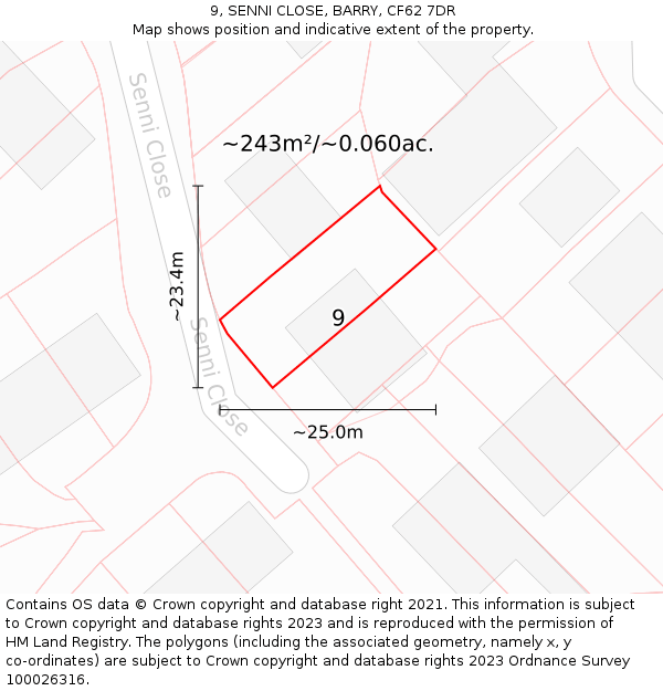 9, SENNI CLOSE, BARRY, CF62 7DR: Plot and title map
