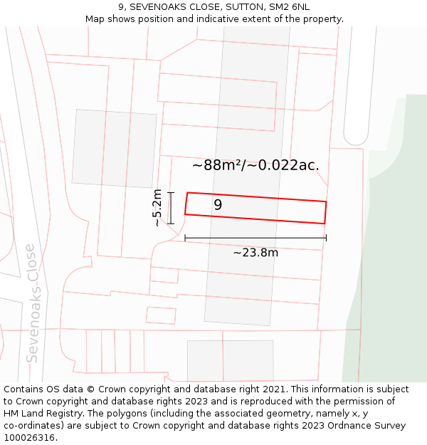 9, SEVENOAKS CLOSE, SUTTON, SM2 6NL: Plot and title map
