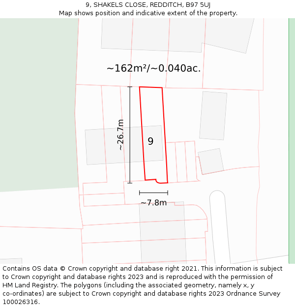 9, SHAKELS CLOSE, REDDITCH, B97 5UJ: Plot and title map
