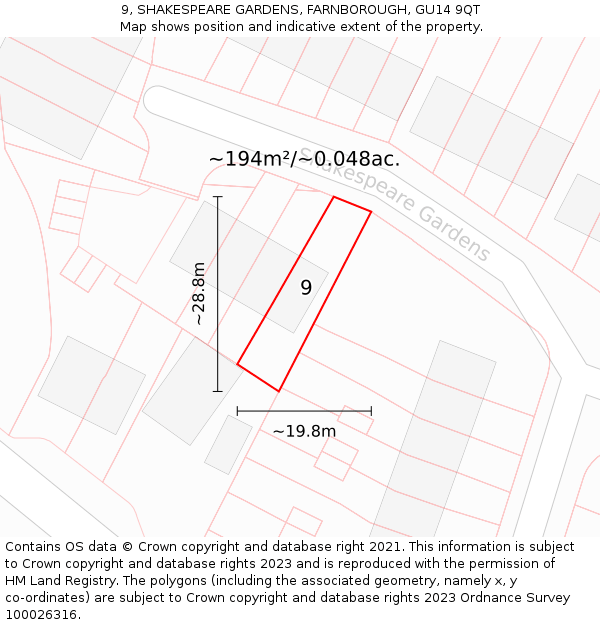 9, SHAKESPEARE GARDENS, FARNBOROUGH, GU14 9QT: Plot and title map