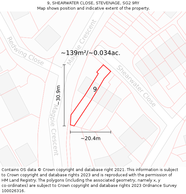 9, SHEARWATER CLOSE, STEVENAGE, SG2 9RY: Plot and title map