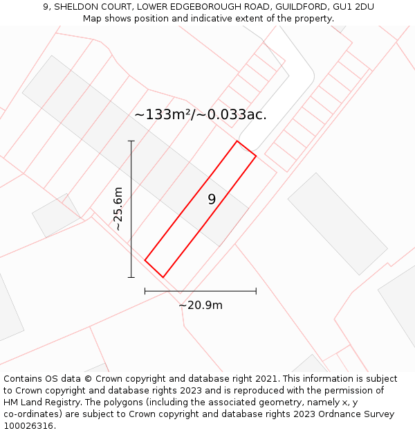 9, SHELDON COURT, LOWER EDGEBOROUGH ROAD, GUILDFORD, GU1 2DU: Plot and title map