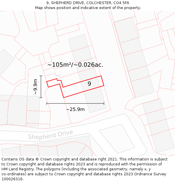 9, SHEPHERD DRIVE, COLCHESTER, CO4 5FA: Plot and title map