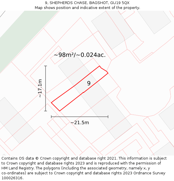 9, SHEPHERDS CHASE, BAGSHOT, GU19 5QX: Plot and title map