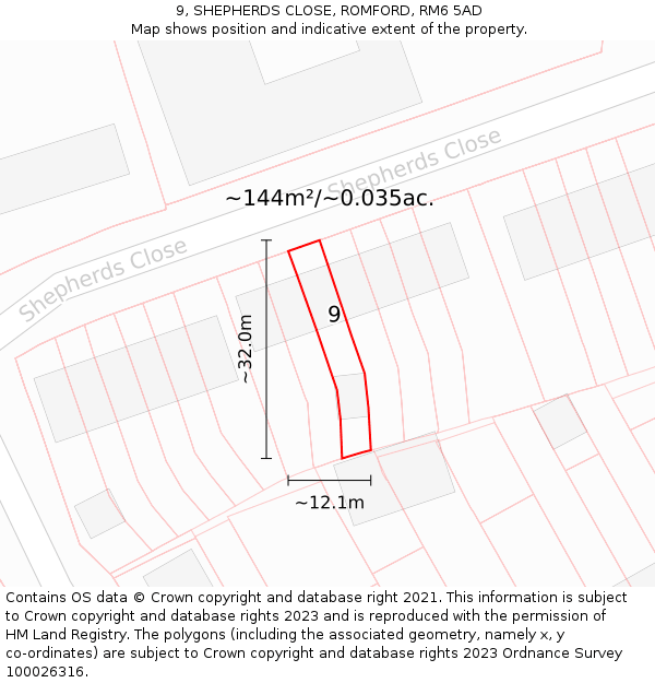 9, SHEPHERDS CLOSE, ROMFORD, RM6 5AD: Plot and title map