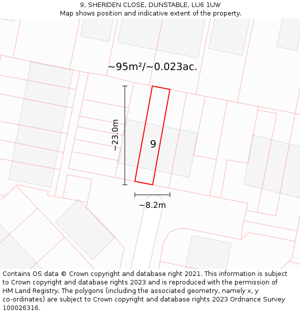 9, SHERIDEN CLOSE, DUNSTABLE, LU6 1UW: Plot and title map