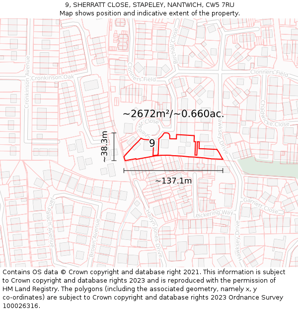 9, SHERRATT CLOSE, STAPELEY, NANTWICH, CW5 7RU: Plot and title map