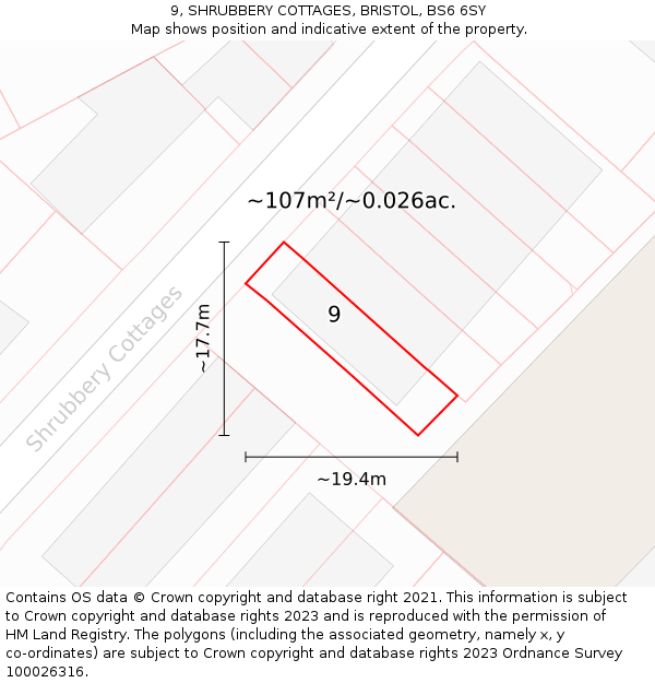 9, SHRUBBERY COTTAGES, BRISTOL, BS6 6SY: Plot and title map