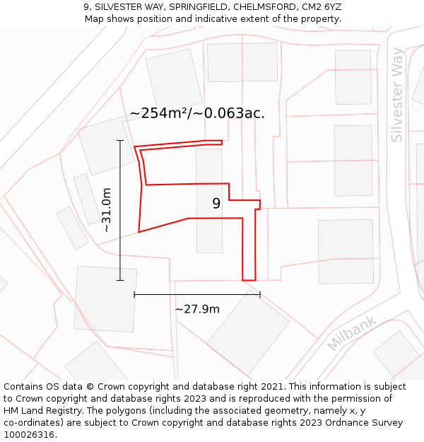 9, SILVESTER WAY, SPRINGFIELD, CHELMSFORD, CM2 6YZ: Plot and title map