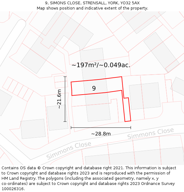 9, SIMONS CLOSE, STRENSALL, YORK, YO32 5AX: Plot and title map