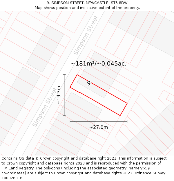 9, SIMPSON STREET, NEWCASTLE, ST5 8DW: Plot and title map