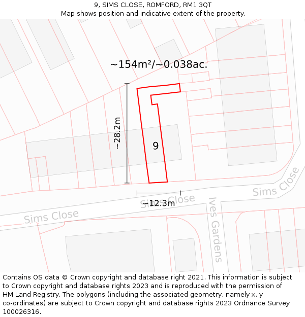 9, SIMS CLOSE, ROMFORD, RM1 3QT: Plot and title map