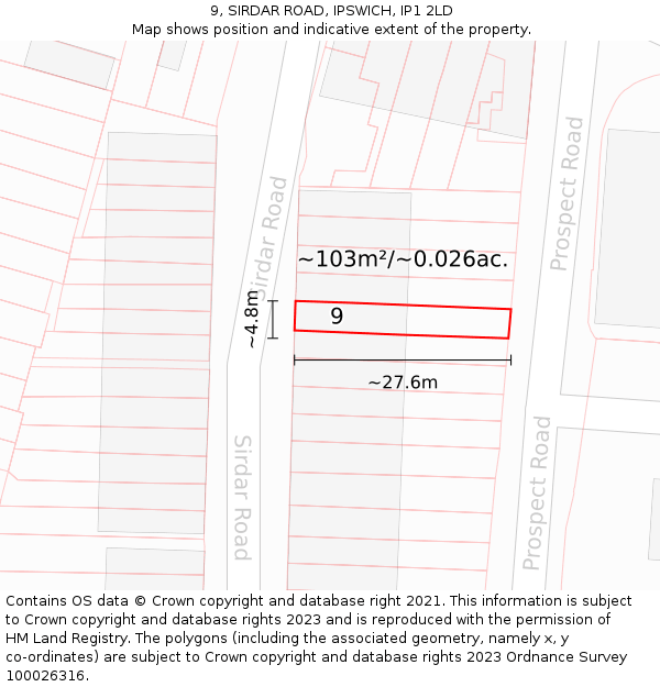 9, SIRDAR ROAD, IPSWICH, IP1 2LD: Plot and title map
