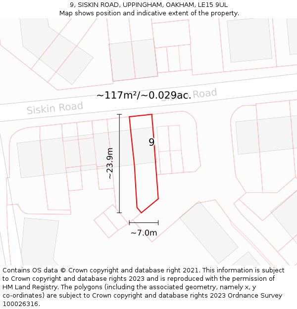 9, SISKIN ROAD, UPPINGHAM, OAKHAM, LE15 9UL: Plot and title map