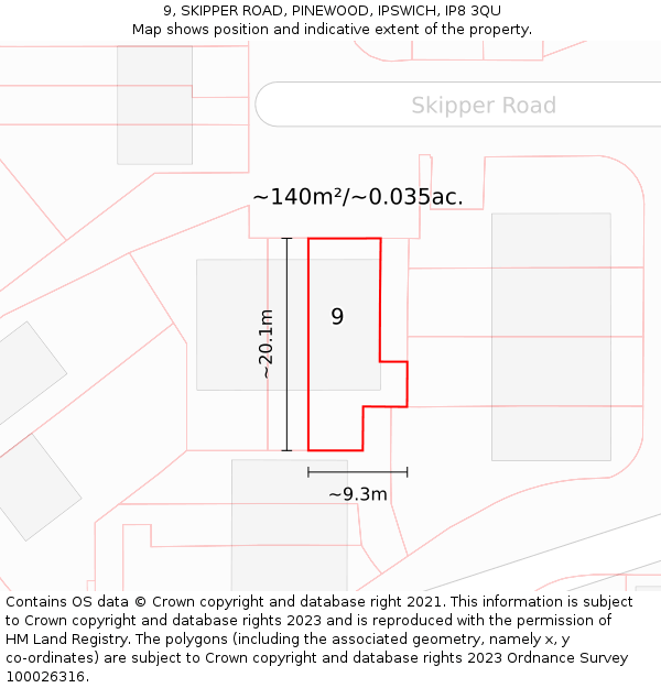 9, SKIPPER ROAD, PINEWOOD, IPSWICH, IP8 3QU: Plot and title map
