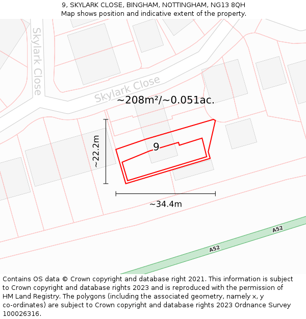 9, SKYLARK CLOSE, BINGHAM, NOTTINGHAM, NG13 8QH: Plot and title map