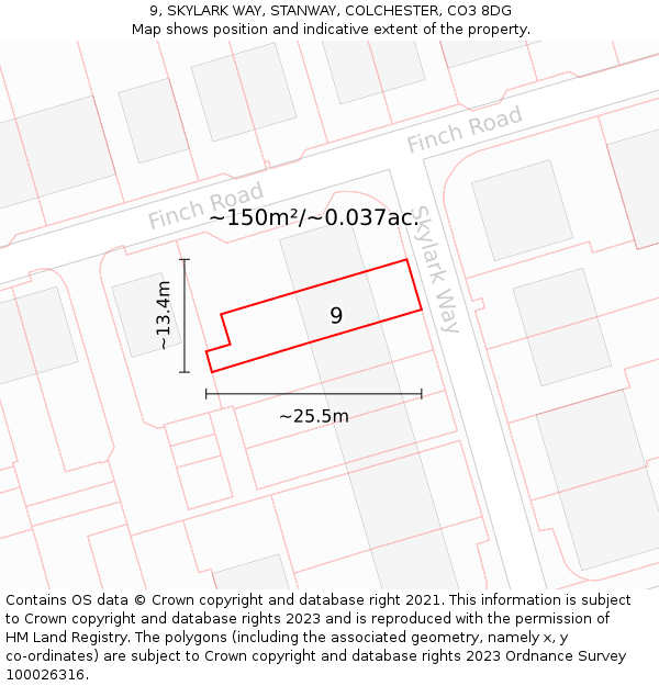 9, SKYLARK WAY, STANWAY, COLCHESTER, CO3 8DG: Plot and title map