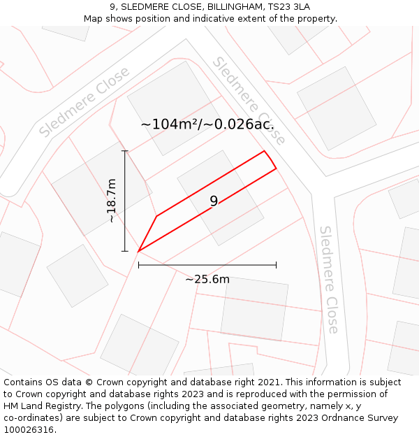 9, SLEDMERE CLOSE, BILLINGHAM, TS23 3LA: Plot and title map