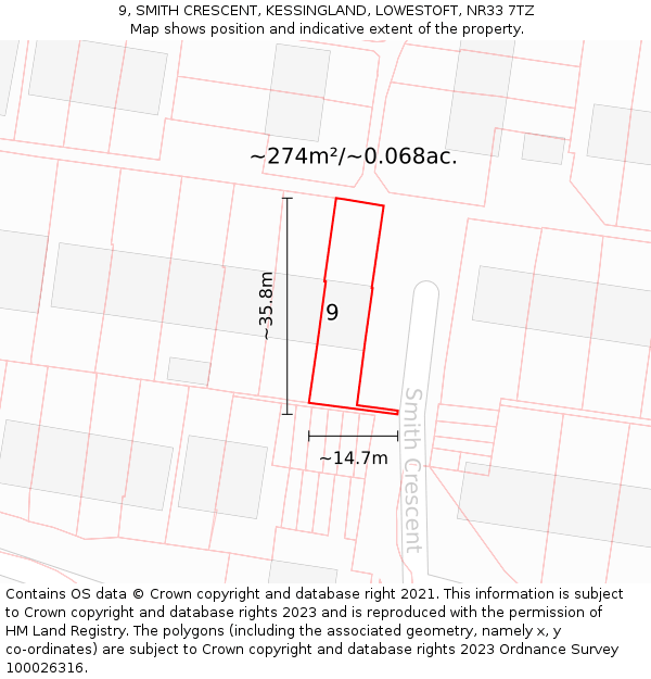 9, SMITH CRESCENT, KESSINGLAND, LOWESTOFT, NR33 7TZ: Plot and title map