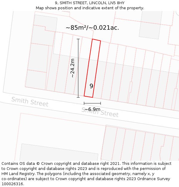 9, SMITH STREET, LINCOLN, LN5 8HY: Plot and title map