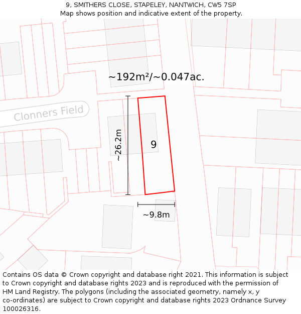 9, SMITHERS CLOSE, STAPELEY, NANTWICH, CW5 7SP: Plot and title map