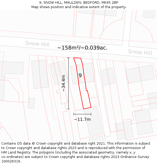 9, SNOW HILL, MAULDEN, BEDFORD, MK45 2BP: Plot and title map