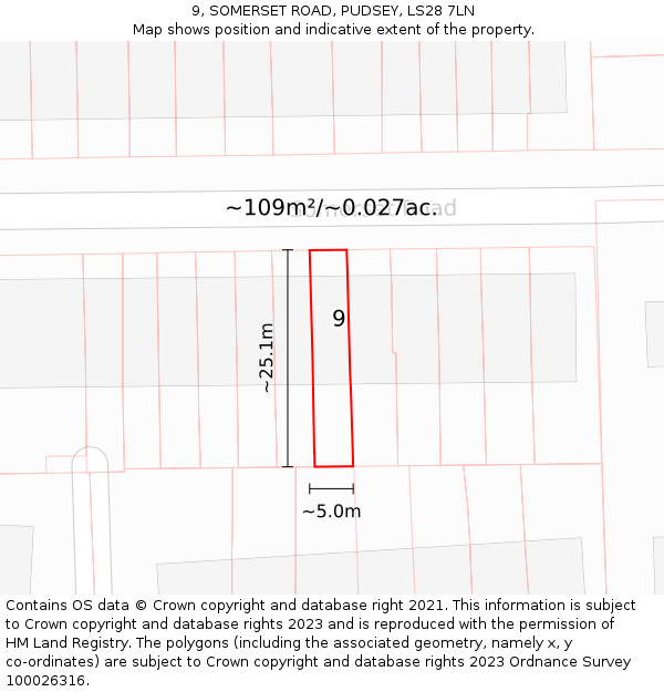9, SOMERSET ROAD, PUDSEY, LS28 7LN: Plot and title map