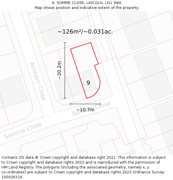 9, SOMME CLOSE, LINCOLN, LN1 3WA: Plot and title map