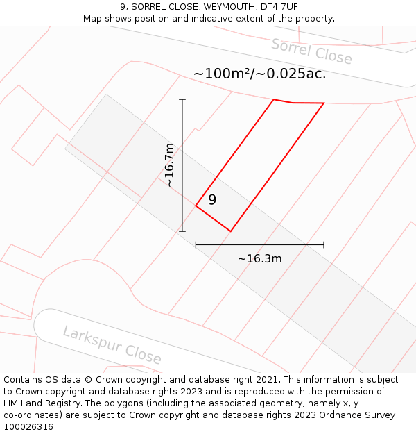 9, SORREL CLOSE, WEYMOUTH, DT4 7UF: Plot and title map
