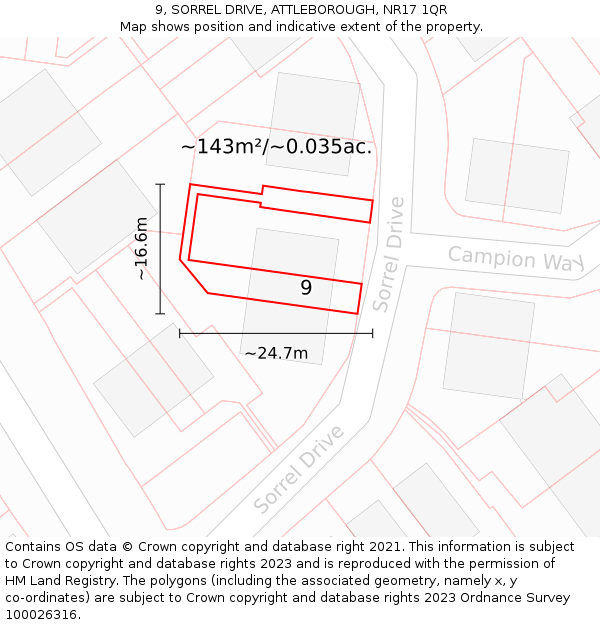 9, SORREL DRIVE, ATTLEBOROUGH, NR17 1QR: Plot and title map
