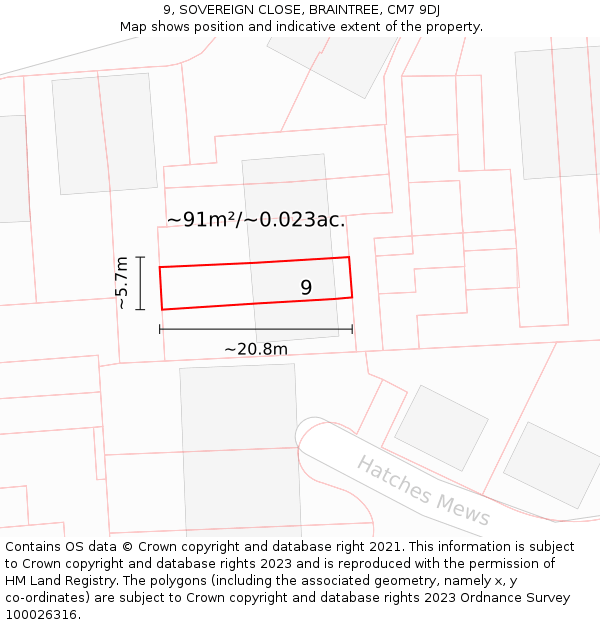 9, SOVEREIGN CLOSE, BRAINTREE, CM7 9DJ: Plot and title map