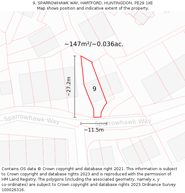 9, SPARROWHAWK WAY, HARTFORD, HUNTINGDON, PE29 1XE: Plot and title map