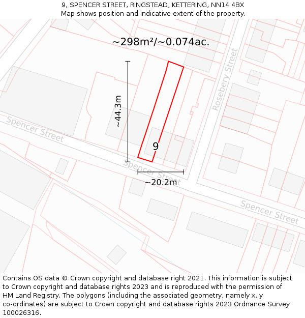9, SPENCER STREET, RINGSTEAD, KETTERING, NN14 4BX: Plot and title map