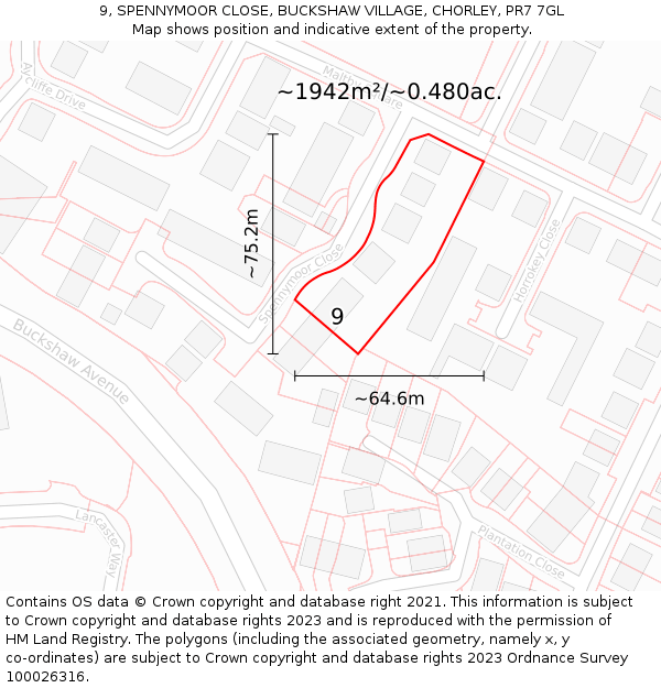 9, SPENNYMOOR CLOSE, BUCKSHAW VILLAGE, CHORLEY, PR7 7GL: Plot and title map