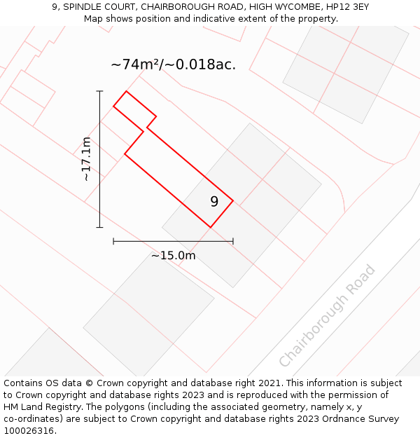 9, SPINDLE COURT, CHAIRBOROUGH ROAD, HIGH WYCOMBE, HP12 3EY: Plot and title map