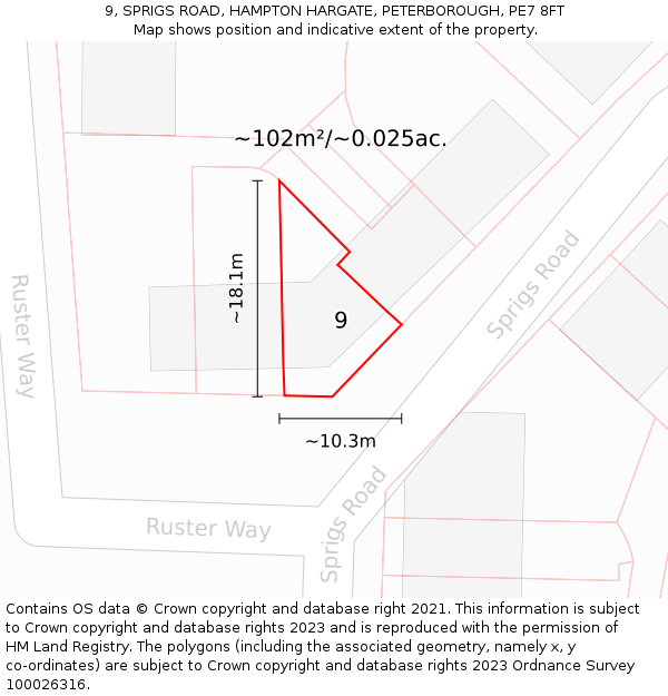 9, SPRIGS ROAD, HAMPTON HARGATE, PETERBOROUGH, PE7 8FT: Plot and title map