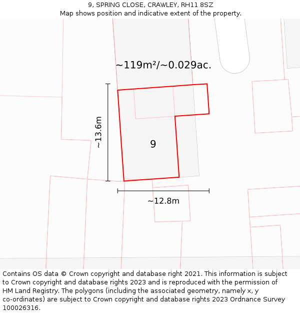 9, SPRING CLOSE, CRAWLEY, RH11 8SZ: Plot and title map