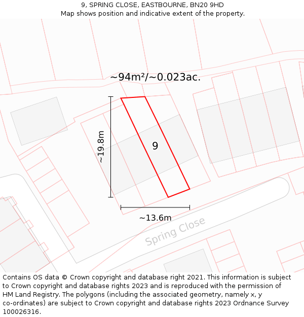 9, SPRING CLOSE, EASTBOURNE, BN20 9HD: Plot and title map