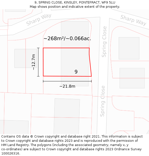 9, SPRING CLOSE, KINSLEY, PONTEFRACT, WF9 5LU: Plot and title map