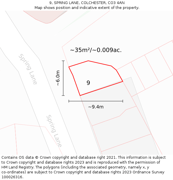 9, SPRING LANE, COLCHESTER, CO3 4AN: Plot and title map