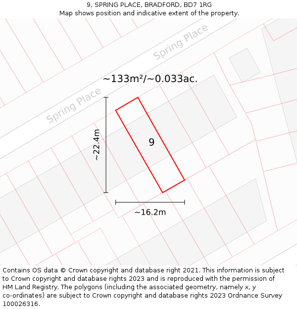9, SPRING PLACE, BRADFORD, BD7 1RG: Plot and title map