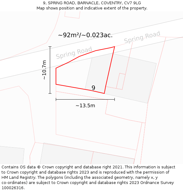 9, SPRING ROAD, BARNACLE, COVENTRY, CV7 9LG: Plot and title map