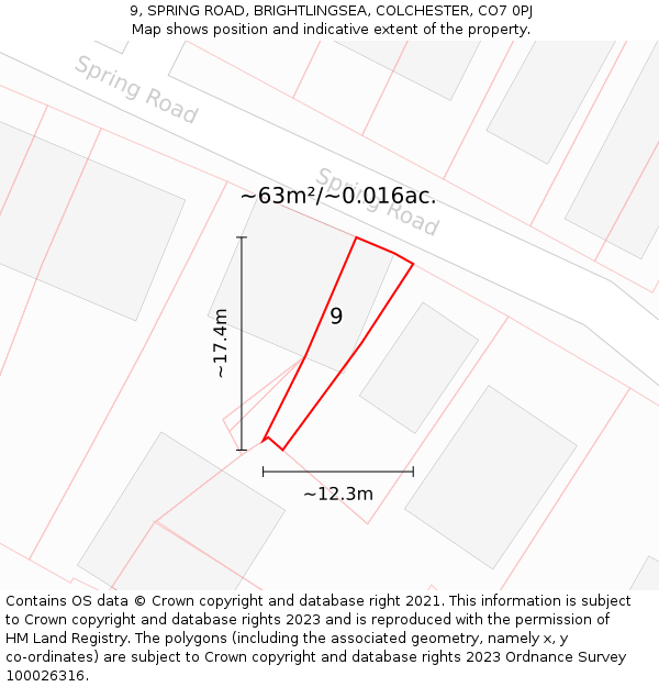 9, SPRING ROAD, BRIGHTLINGSEA, COLCHESTER, CO7 0PJ: Plot and title map