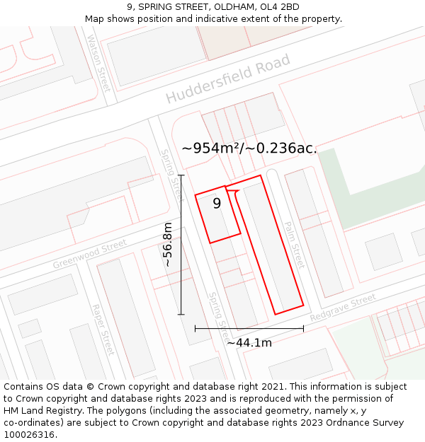9, SPRING STREET, OLDHAM, OL4 2BD: Plot and title map