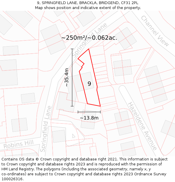 9, SPRINGFIELD LANE, BRACKLA, BRIDGEND, CF31 2PL: Plot and title map