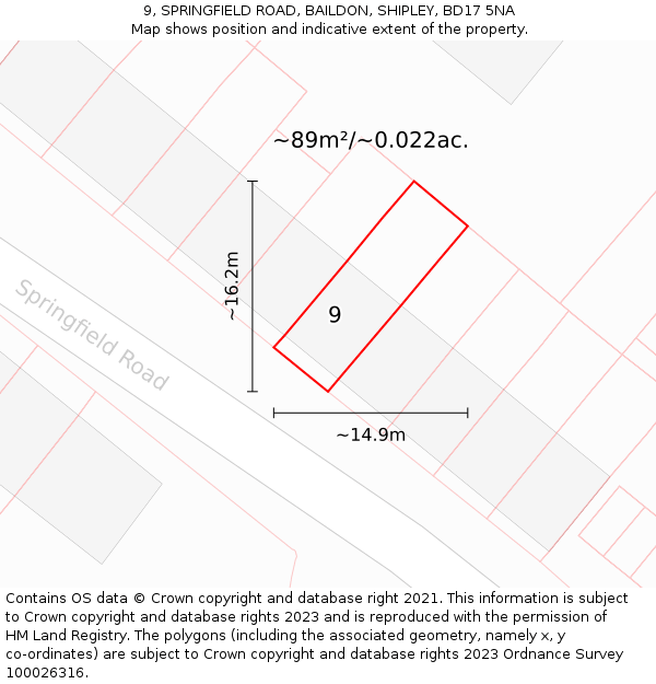 9, SPRINGFIELD ROAD, BAILDON, SHIPLEY, BD17 5NA: Plot and title map