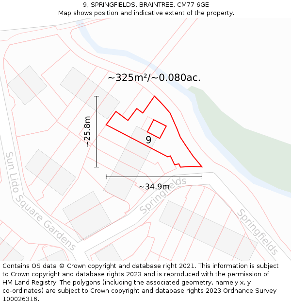 9, SPRINGFIELDS, BRAINTREE, CM77 6GE: Plot and title map