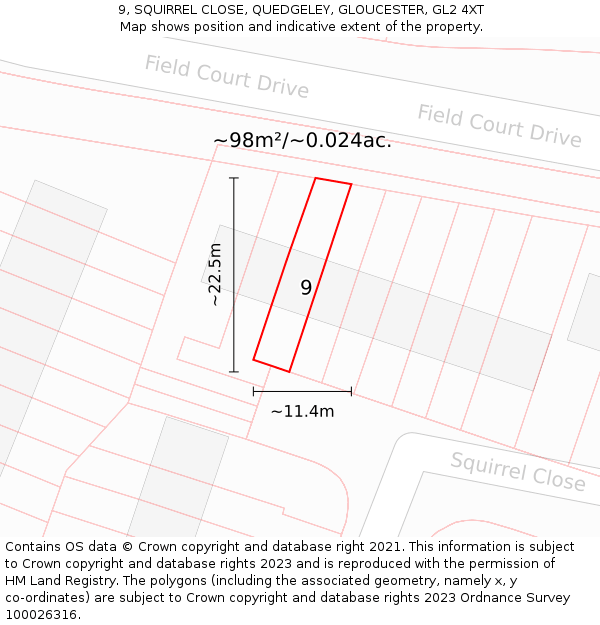 9, SQUIRREL CLOSE, QUEDGELEY, GLOUCESTER, GL2 4XT: Plot and title map
